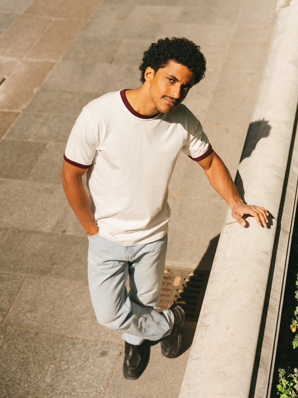 Pétrone T-shirt homme varsity contrasté blanc crème bordeaux coton biologique Tencel Lyocell