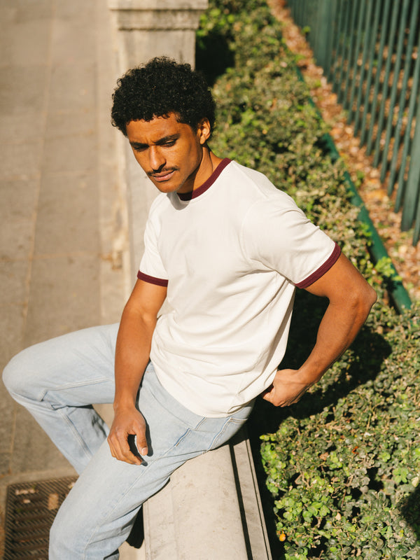 Pétrone T-shirt homme varsity contrasté blanc crème bordeaux coton biologique Tencel Lyocell