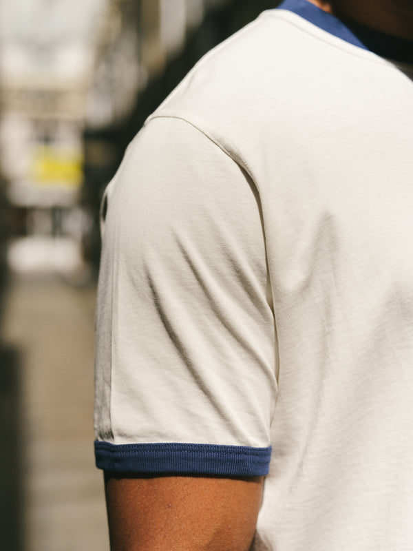 Pétrone T-shirt homme varsity contrasté blanc crème bleu marine coton biologique Tencel Lyocell