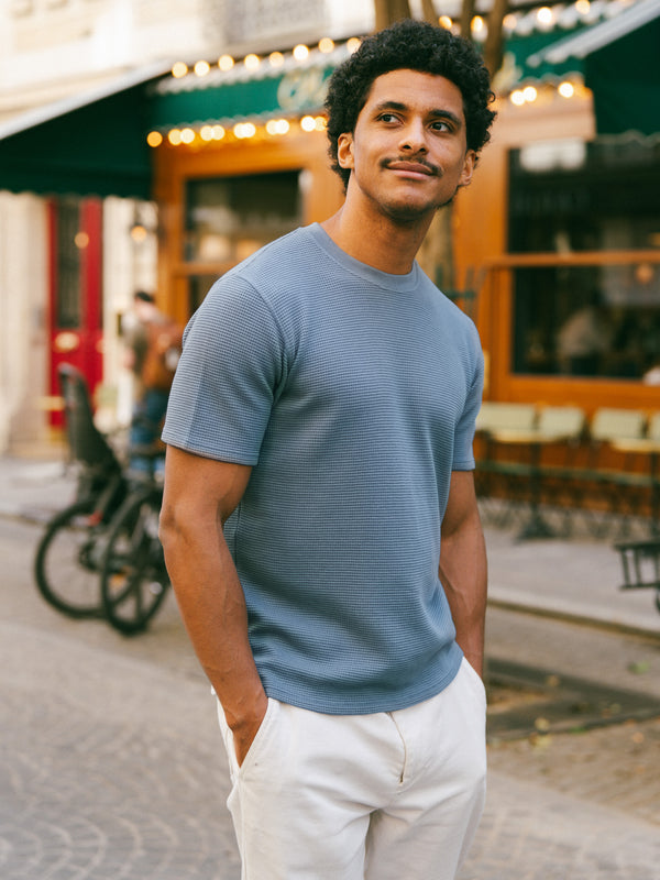 Pétrone T-shirt manches courtes gaufré thermal coton bio tencel bleu céruléen homme