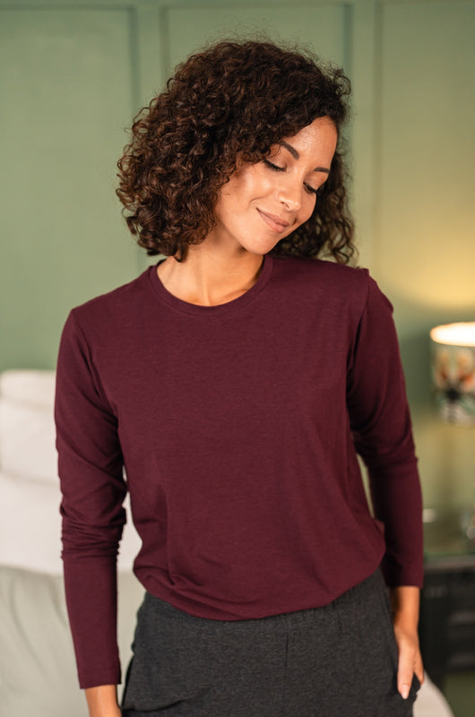 Pétrone tshirt manches longues femme bordeaux foncé coton bio tencel lyocell