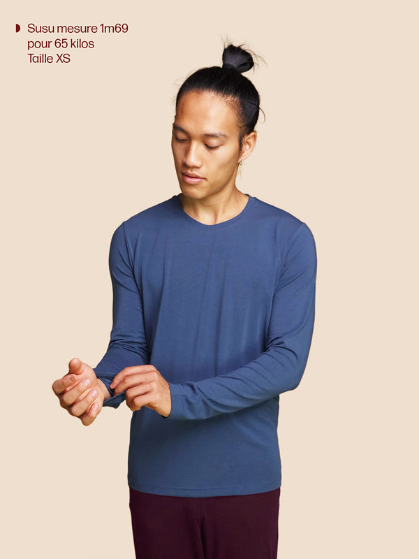 Pétrone T-shirt manches longues coton biologique tencel lyocell bleu céruléen homme
