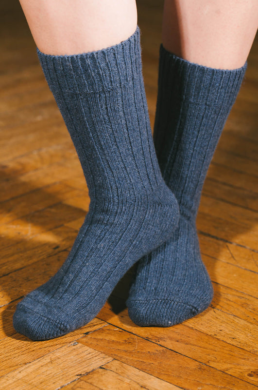 Pétrone chaussettes chaudes côtelées laine mérinos bleu jeans femme vignette