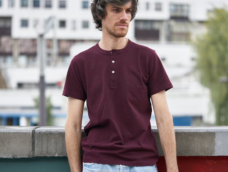Pétrone Henley manches courtes coton bio lie de vin homme